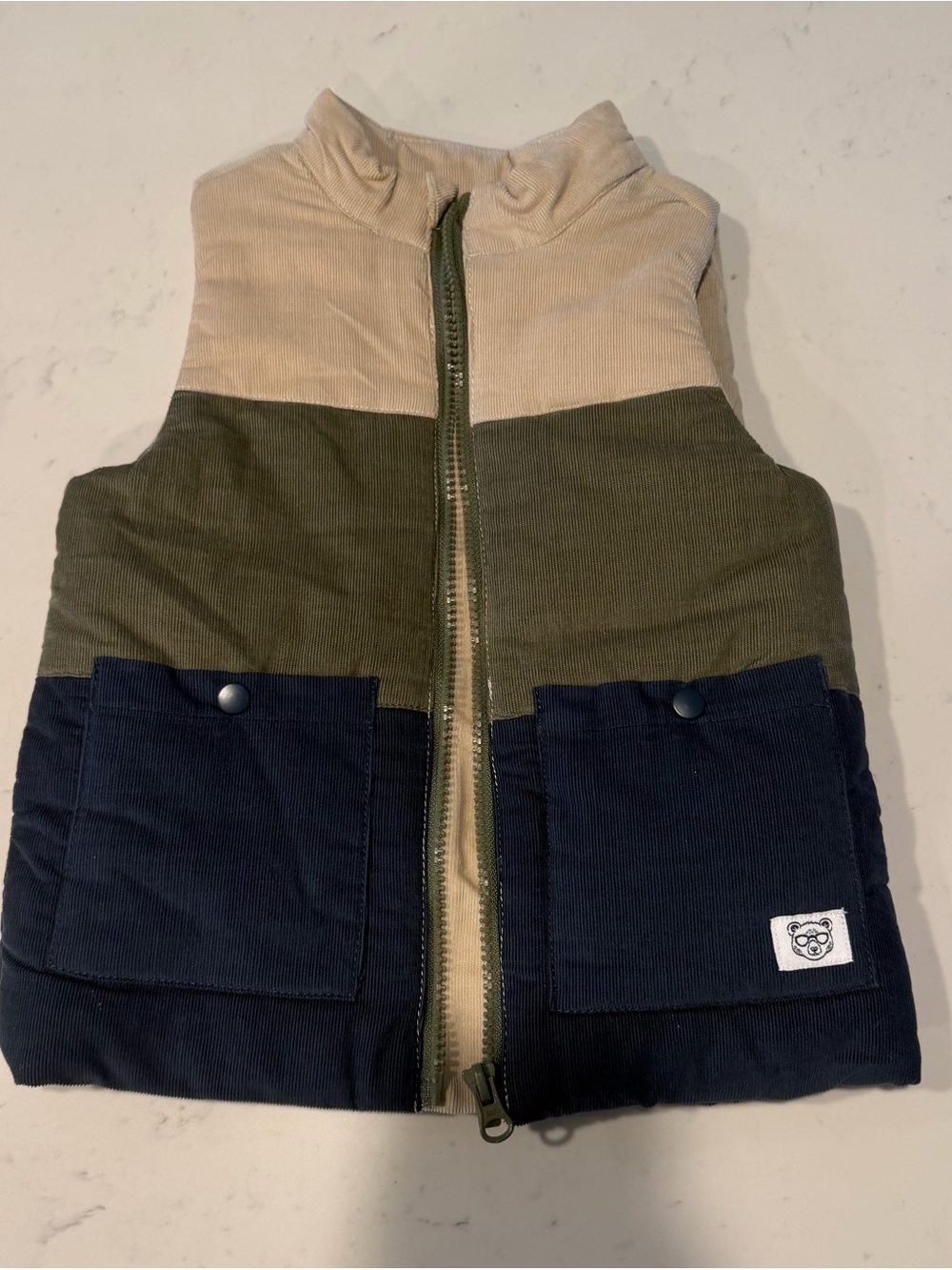 Kids Colorblock Puffer Vest in Beige, Olive & Navy
